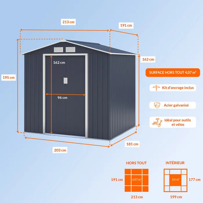 Abri de jardin en métal 4,07 m² - 213 x 191 x 195 cm - MARS -Kit d'ancrage inclus, 2 portes coulissantes - Gris