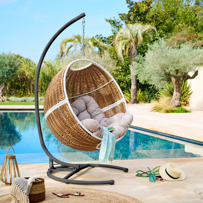 Fauteuil oeuf suspendu ORBIANA Taupe & Blanc + 1 pied réglable PANAO