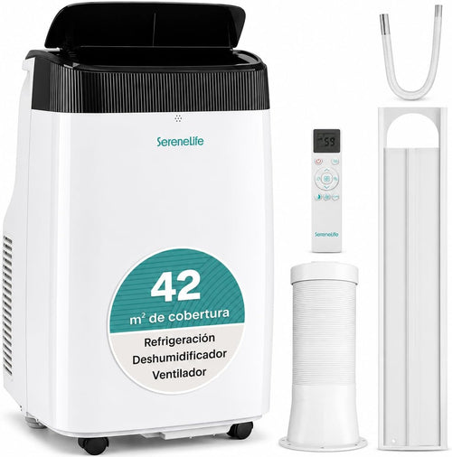SereneLife Climatiseur Mobile Silencieux,9000 BTU,Climatiseur Portable 3-en-1 avec Fonction Déshumidificateur Intégré,Mode Ventilateur,Télécommande,Kit d'Évacuation Complet Montable sur Fenêtre,Blanc [Classe énergétique A]