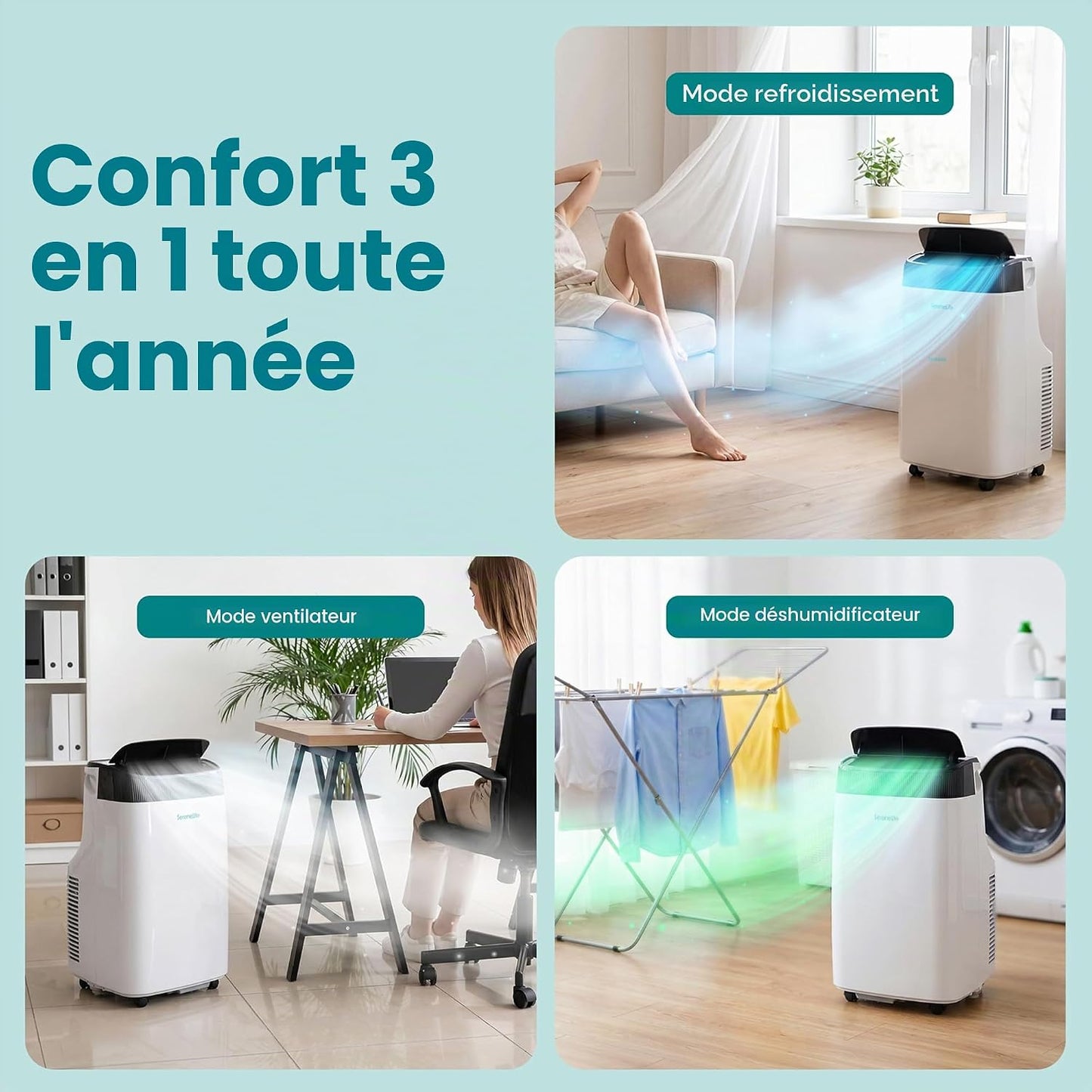 SereneLife Climatiseur Mobile Silencieux,9000 BTU,Climatiseur Portable 3-en-1 avec Fonction Déshumidificateur Intégré,Mode Ventilateur,Télécommande,Kit d'Évacuation Complet Montable sur Fenêtre,Blanc [Classe énergétique A]