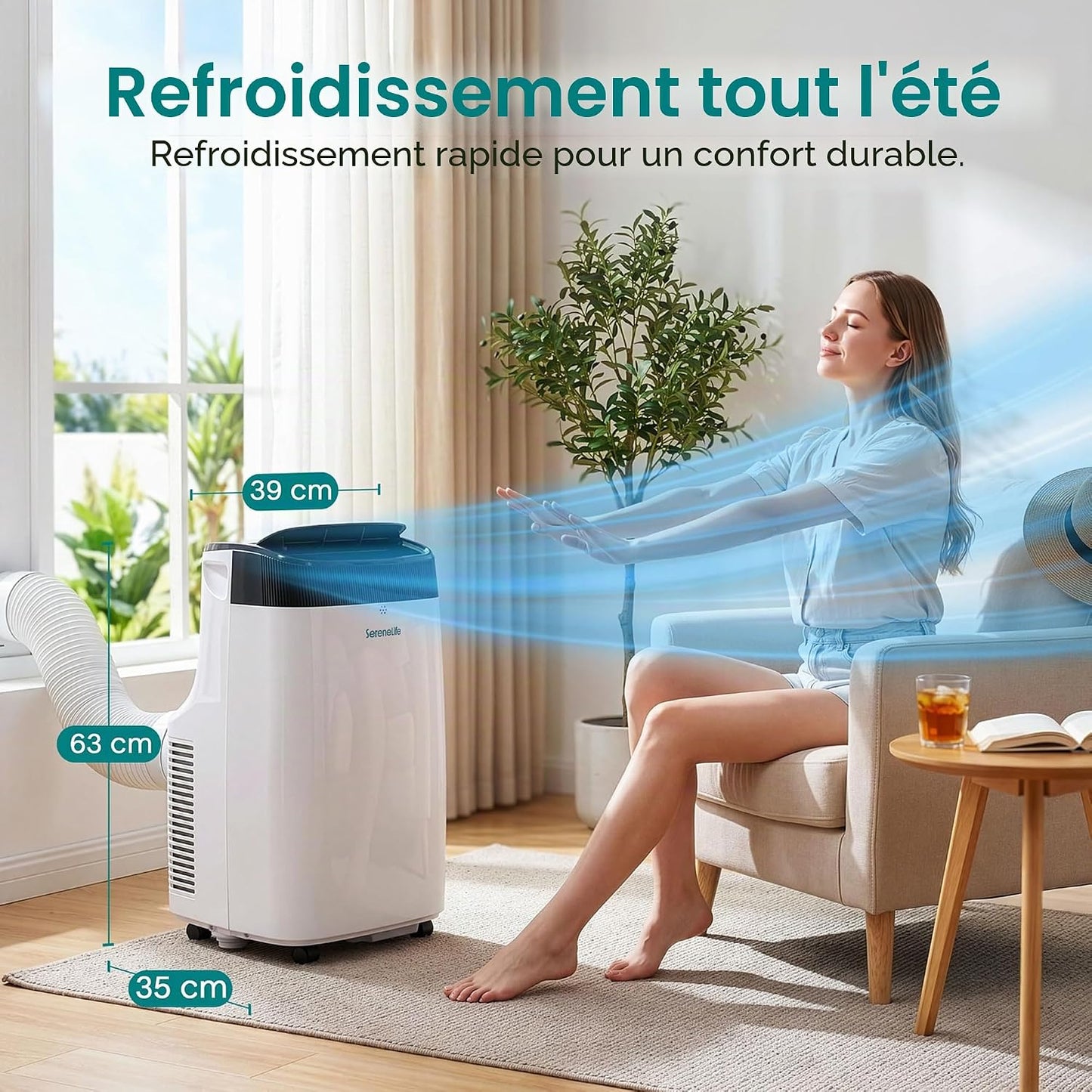 SereneLife Climatiseur Mobile Silencieux,9000 BTU,Climatiseur Portable 3-en-1 avec Fonction Déshumidificateur Intégré,Mode Ventilateur,Télécommande,Kit d'Évacuation Complet Montable sur Fenêtre,Blanc [Classe énergétique A]