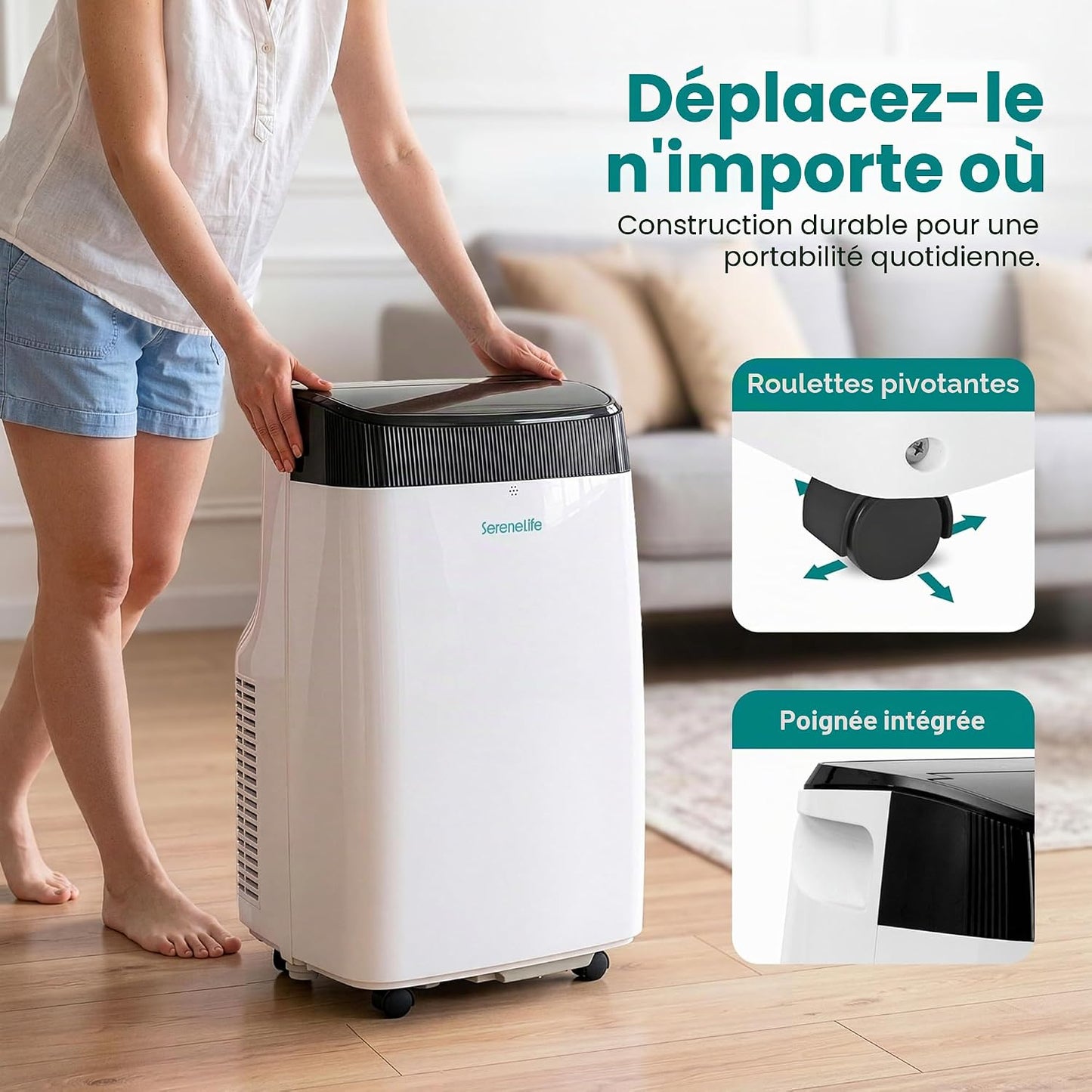 SereneLife Climatiseur Mobile Silencieux,9000 BTU,Climatiseur Portable 3-en-1 avec Fonction Déshumidificateur Intégré,Mode Ventilateur,Télécommande,Kit d'Évacuation Complet Montable sur Fenêtre,Blanc [Classe énergétique A]