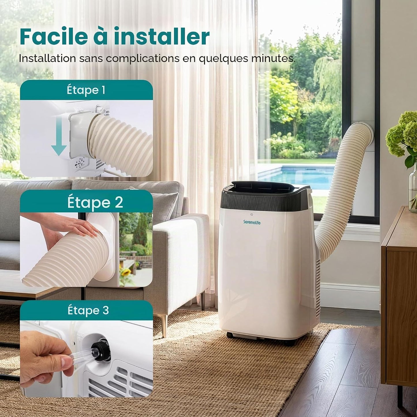 SereneLife Climatiseur Mobile Silencieux,9000 BTU,Climatiseur Portable 3-en-1 avec Fonction Déshumidificateur Intégré,Mode Ventilateur,Télécommande,Kit d'Évacuation Complet Montable sur Fenêtre,Blanc [Classe énergétique A]