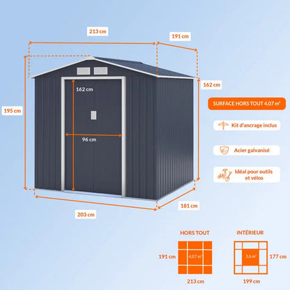 Abri de jardin en métal 4,07 m² - 213 x 191 x 195 cm - MARS -Kit d'ancrage inclus, 2 portes coulissantes - Gris