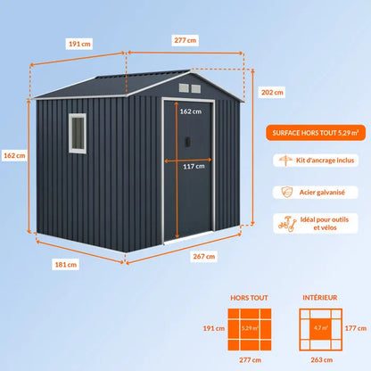 Abri de jardin en métal 5,29 m² - 277 x 191 x 202 cm - VENUS Kit d'ancrage inclus, 2 portes coulissantes, 1 fenêtre latérale Gris