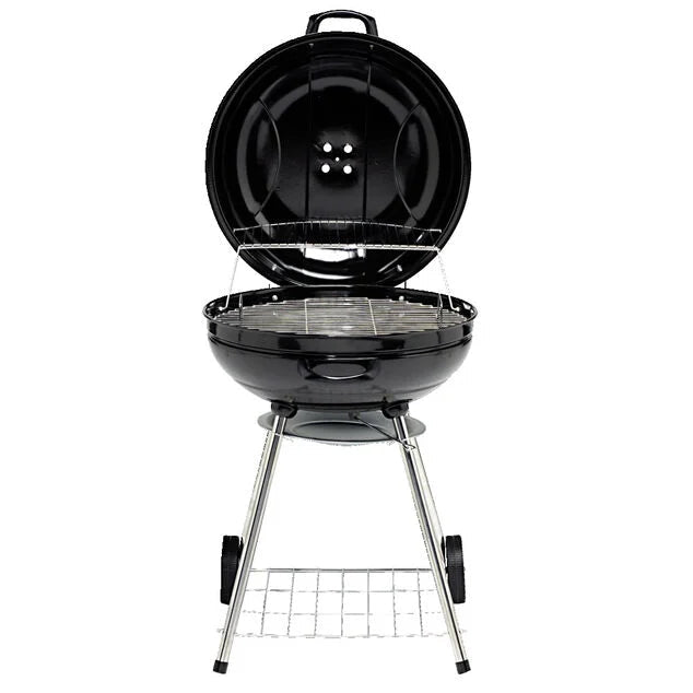 Barbecue charbon 2 roulettes rond Fisher avec couvercle acier noir 66,5x58x90cm - homidiscount