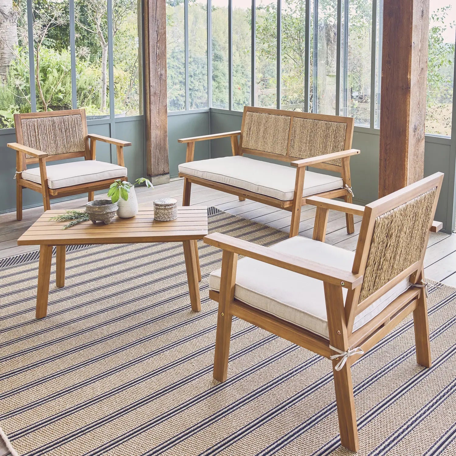 Bohemia corde verticale Salon de jardin bois et cannage vertical 4 places - homidiscount