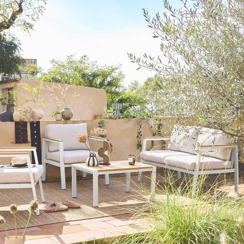 Casoria Salon de jardin aluminium et polywood 4 places Blanc / Beige - homidiscount
