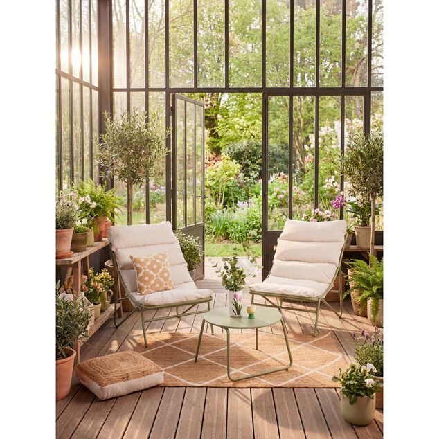 Ensemble salon de jardin 2 personnes Oslow métal vert sauge et coussins gris clair - homidiscount