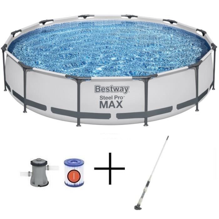Kit Piscine hors sol tubulaire BESTWAY - Steel Pro Max™ - 366 x 76 cm - Ronde + Balai aspirateur électrique Aquascan