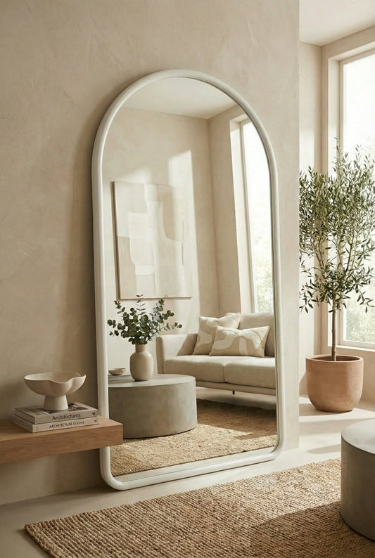 Miroir Labarre à cadre blanc cassé et bords incurvés - homidiscount