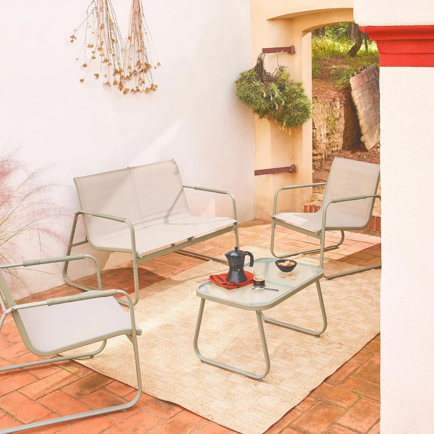 Noto Salon de jardin acier 4 places Kaki - homidiscount