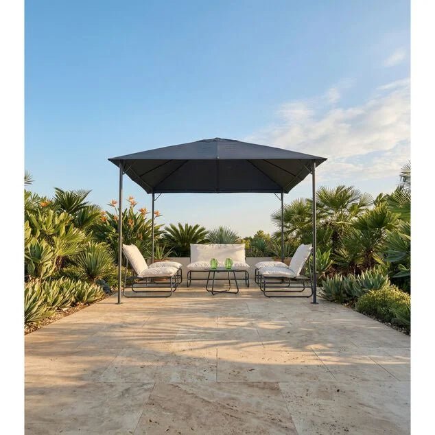 Salon de jardin Oslow 6 personnes acier et textilène gris foncé et blanc - homidiscount